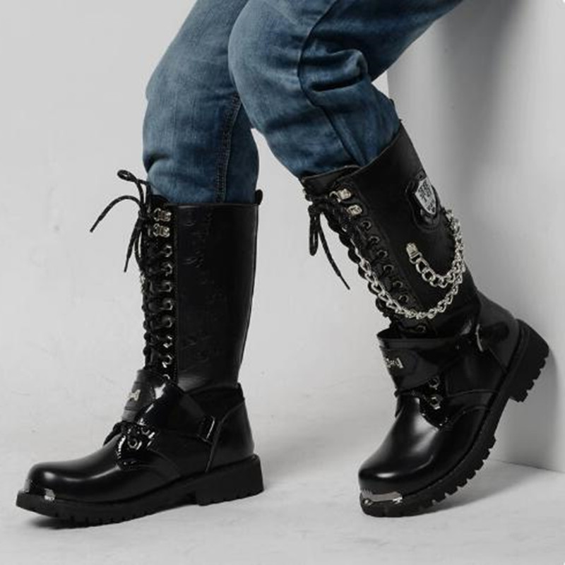Steel Chain - Luxury Men Motorcycle Boots Mid-calf Breathable
